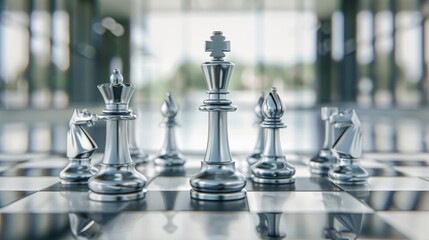 Polished Metal and Glass Chess Pieces in a Modern Corporate Office Setting