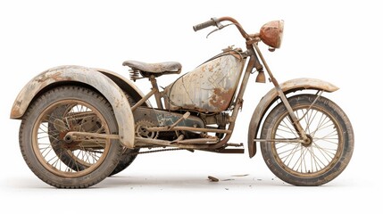 Fototapeta premium Vintage Damaged Motor Tricycle on Solid White Background Highlighting Dramatic Wreckage
