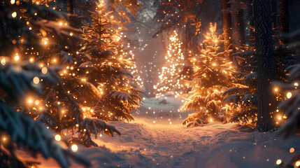 Magical forest with christmas trees and glowing lights