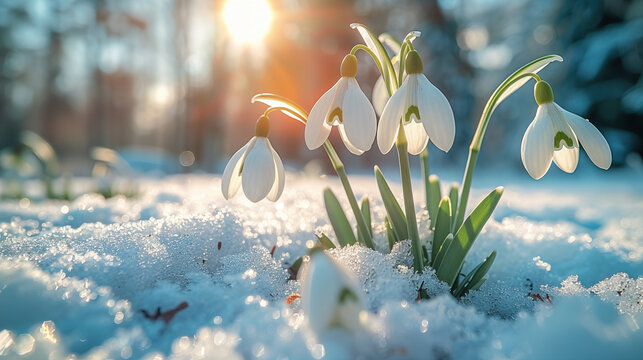 Delicate snowdrop flowers blooming through snow, illuminated by soft sunlight in a winter landscape. Concept of resilience, hope, and the arrival of spring.