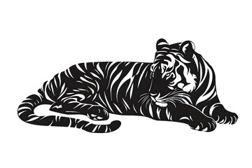 Fototapeta premium Hand drawn tiger silhouette in a minimal style. Black and white graphic illustration isolated on transparent background
