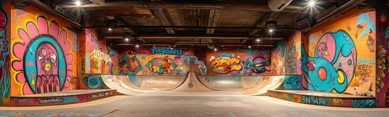 Obraz premium Graffiti covered skateboard ramps in a skate park with graffiti on the walls