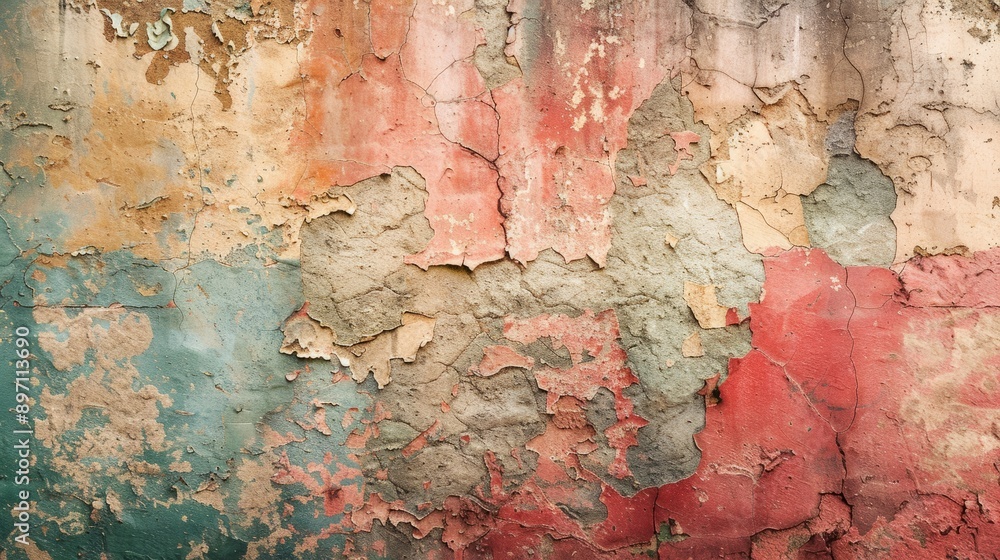 Aufkleber the aged colorful plaster wall displays a weathered charm with flaking paint and cracks adding chara