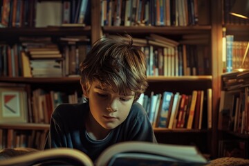Young boy is enjoying a book, surrounded by shelves full of literature in his home library
