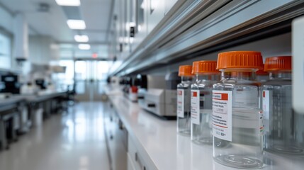 Close-up of a research laboratory shelf with clear glass bottles and orange caps