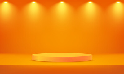 Empty orange and yellow studio room background. Orange background vector 3d with yellow podium. Space for selling products on the website. Empty room with spotlight effect. Vector illustration.