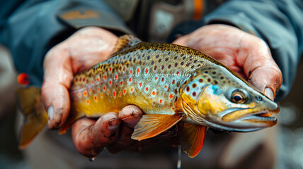 Obraz premium Close up of a freshly caught brown trout held by angler