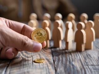 Fototapeta premium A person holding a bitcoin in front of a group, useful for financial or tech-related concepts