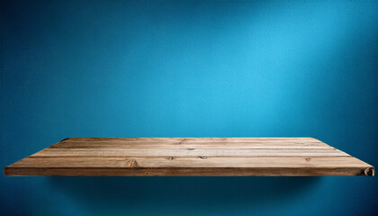Nostalgic Touch: Wooden Shelf on Blue Vintage Background