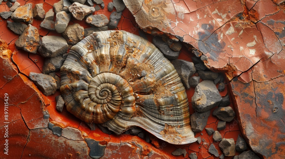 Aufkleber a fossilized shell imprint is visible in the cracked red stone, showcasing its ancient history