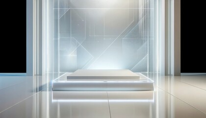 Fototapeta premium Modern acrylic podium in a sleek space, cool whites and grays palette. Innovative settings featuring a transparent podium, perfect for futuristic product displays.