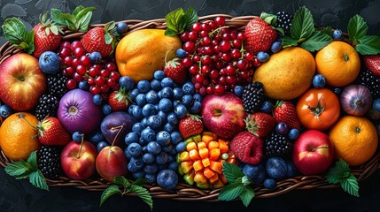 Assorted fruits and vegetables in a basket psychedelic vibrant colors intricate detail