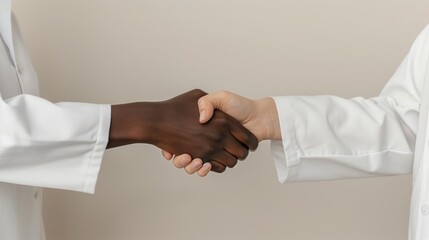 Two scientists, one with darker skin and one with lighter skin, shake hands