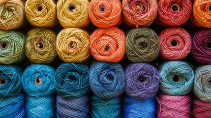 A beautiful display of vividly colored cotton yarn balls neatly aligned in a row