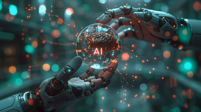 Android's hands keeping a sphere with a human brain inside. 