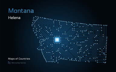 Montana Map with a capital of Helena Shown in a Microchip Pattern. Silicon valley, E-government. United States vector maps. Microchip Series	
