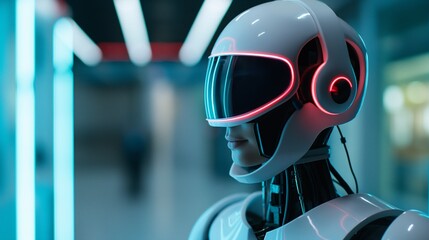 Fototapeta premium The Future is Now: A futuristic android with glowing red accents, its face a mixture of human-like features and advanced technology, stands against a neon-lit backdrop.