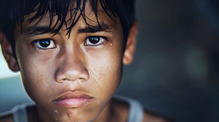 Obraz premium Emotional Boy Expressing Sadness Resilience Strength Determination Hope Tears Struggle Vulnerability Childhood