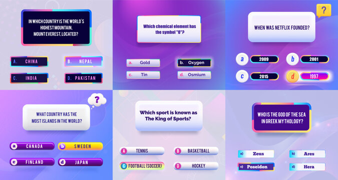This vector template for quizzes is designed with vibrant colors and modern aesthetics. Perfect for educational and entertaining quiz games, it features a clean, engaging layout that includes multiple