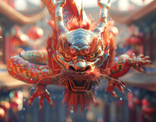 Amid Chinatown's energy, captivating dragon dance enchants spectators with graceful movements and vibrant colors against backdrop of bustling crowds, festive decorations.