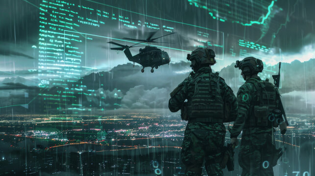 Monitoring and managing security technology in a military surveillance hub headquarters. Concept Military Surveillance