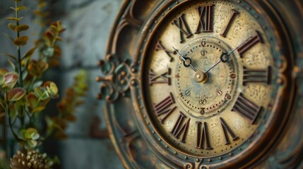 Obraz premium A vintage-inspired wall clock with intricate Roman numerals and ornate details, adding a touch of classic elegance to a cozy study or library