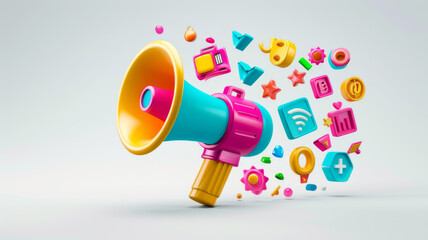 Vibrant  megaphone various marketing buzzwords like SEO social media  public relations Concept Marketing Trends