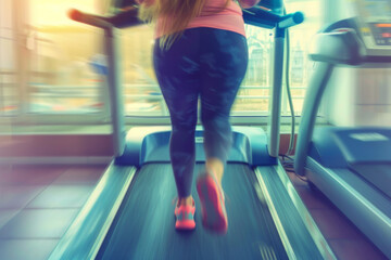 Fototapeta premium Overweight woman runs on treadmill in gym, motion blur effect