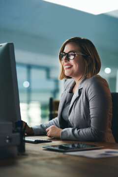 Office, computer and business woman at night happy for online project, planning and research report. Corporate, professional and person working late on PC for reading email, internet and website