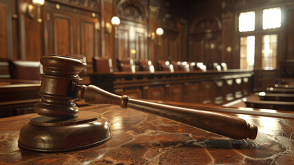 Symbolism Gavel Table  Courtroom Representing Justice, Law, Legal Proceedings. Concept Justice system