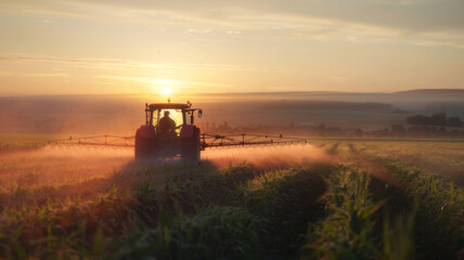 Naklejka premium Tractor spraying pesticides in morning on soybean field