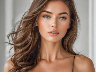 Fototapeta premium Beautiful model girl with short hair. Beauty brunette woman with brunette curly hairstyle. Fashion portrait closeup clean skin, facial and cosmetics and makeup concept. Gorgeous female. AI generated