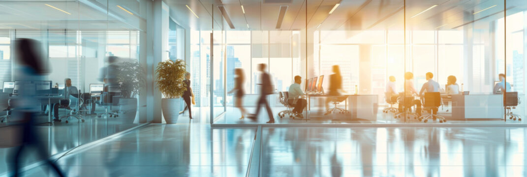 Abstract blurred business environment with blue and orange hues dynamic white glass office interior with corporate professionals