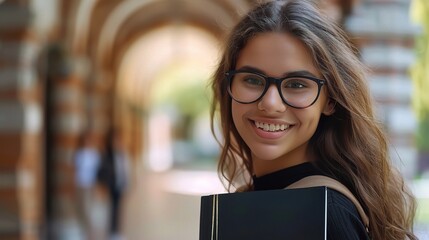 Smiling Student: A young woman in glasses with a warm, genuine smile stands in a university setting, radiating confidence and happiness.