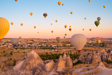 Flight of hot air balloons in Cappadocia, Turkey