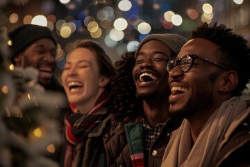Nature's Joy - Three Friends in Laughter, Curly Girl & Bearded Men, Sunny Day, Green Background, Bokeh Effect, Commercial Outdoor Shoot