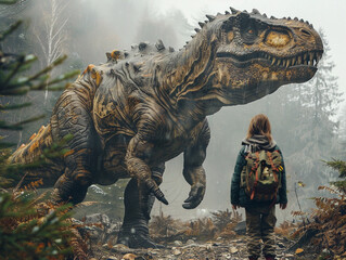 A Young Girl Encounters a Massive Dinosaur in a Foggy Forest