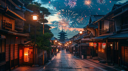 a image about Japan summer Festival, night, with fireworks in the sky, japanese travel poster