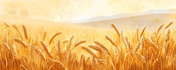 Advertising banner with a wheat field with waves on golden stems. Golden wheat in the sun's rays. rich harvest concept
