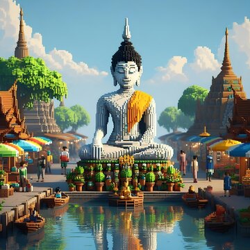 buddha statue and market water pixle art