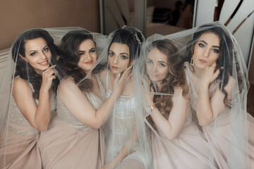 Obraz premium A group of five women are sitting under a white veil, with one of them wearing a wedding dress. The women are posing for a photo, and the atmosphere seems to be lighthearted and fun
