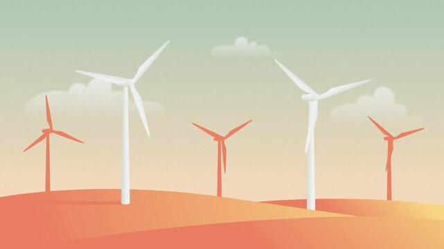Wind turbines generators pastel colored, flat style animation