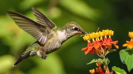 Fototapeta premium A hummingbird drinks nectar from an orange flower.