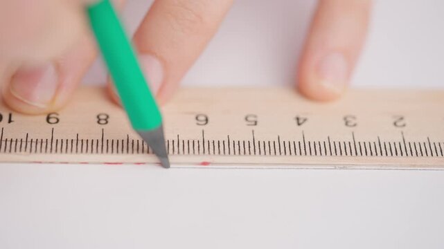 Female draws correct answer in geometry exam test paper with pencil and ruler. Student filling up the answer sheet, close up shot.