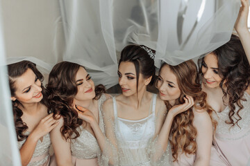 Obraz premium A group of five women are sitting together, with one of them wearing a wedding dress. The women are smiling and seem to be enjoying each other's company