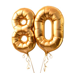 Number "80" foil golden balloon isolated on transparent background