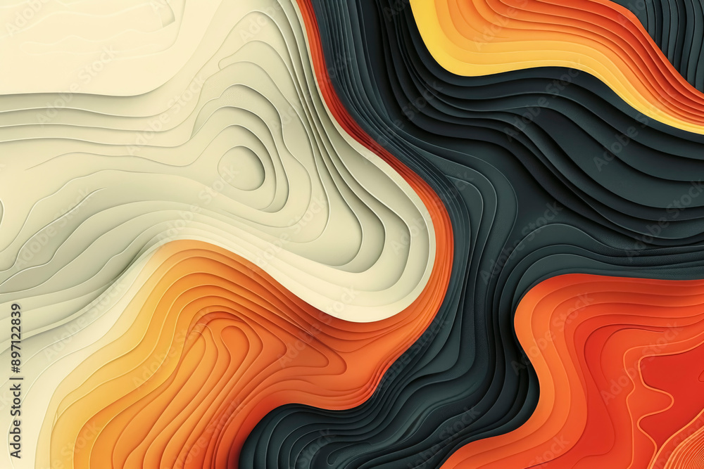 Poster an abstract 3d topographic map illustration with layered curves in shades of orange, black, and crea