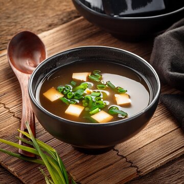 Healthy miso soup in bowl on wooden background