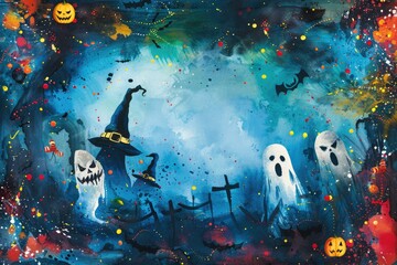 Colorful Halloween illustration with ghosts, witch hat, pumpkins, and bats creating a spooky atmosphere.