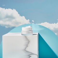 A white cream jar placed on a marble surface with a blue sky and clouds background, symbolizing purity and freshness in skincare products.